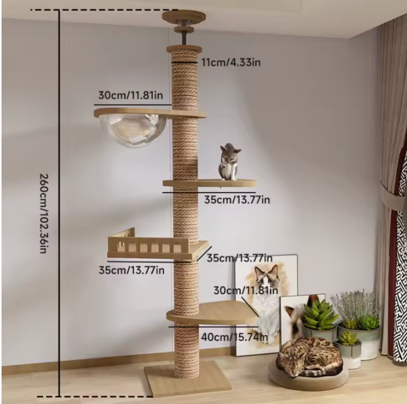 Arbre Chat XXL Bois Naturel Plafond Hamac Grands Chats